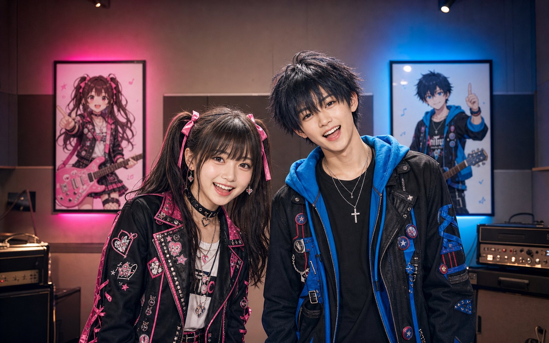AniTropes (アニトロープス) laughing together in a Japanese rehearsal studio with their anime counterparts shown as framed wall art