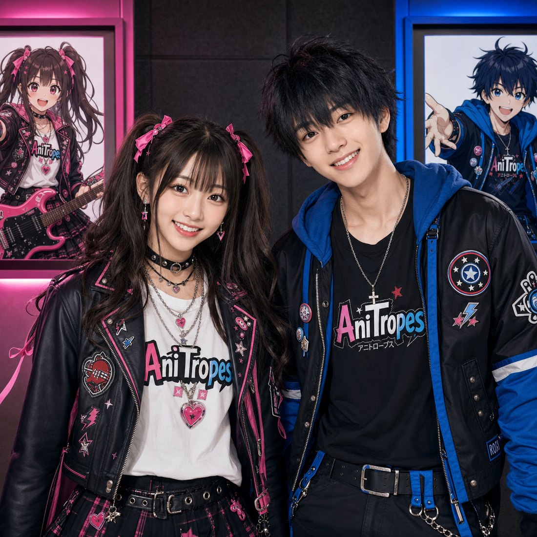 Animeko (アニメ子) and Animeo (アニメ男) smiling together as AniTropes (アニトロープス), with their anime counterparts displayed in framed artwork