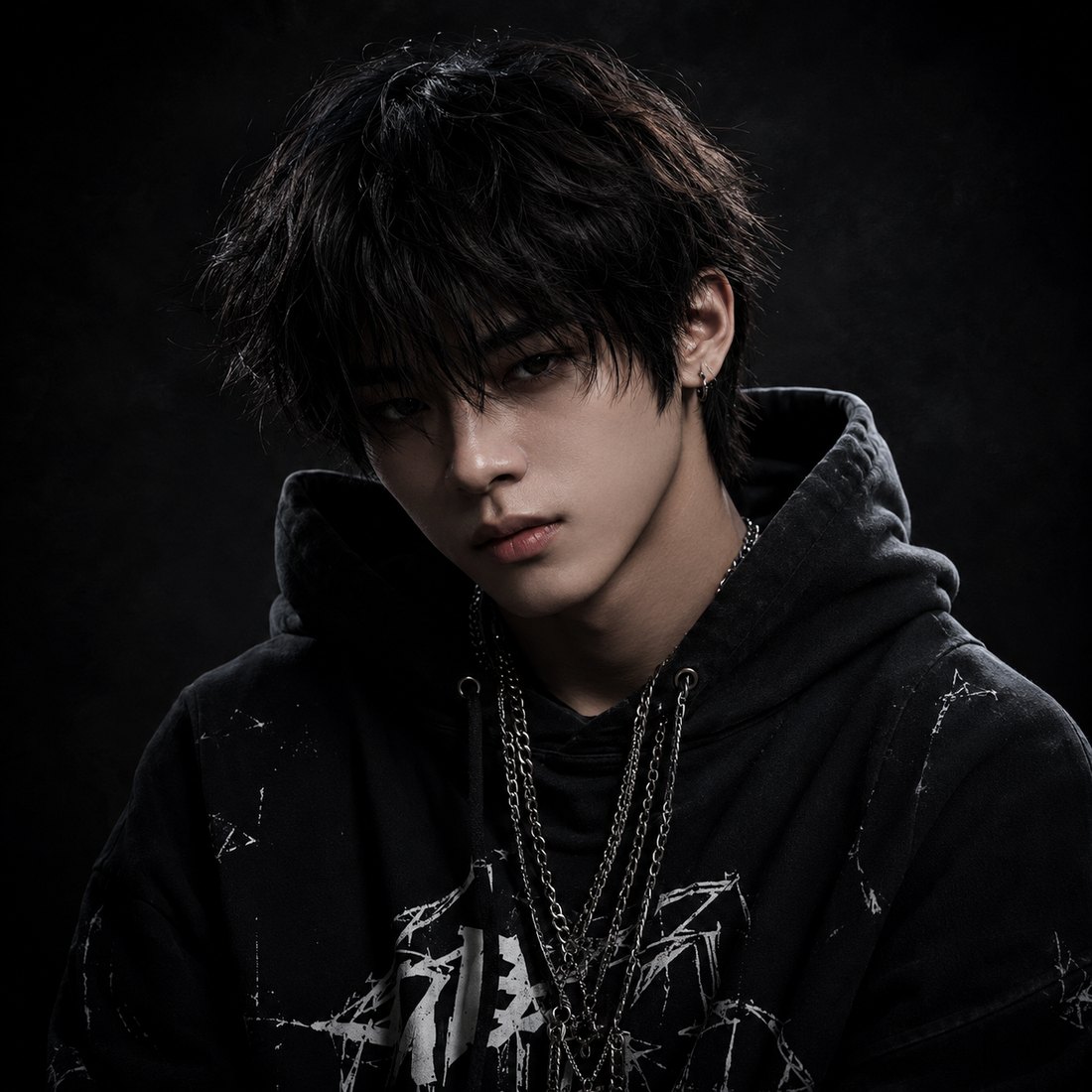 Koveny (柯奕辰) in black streetwear against a dark studio background
