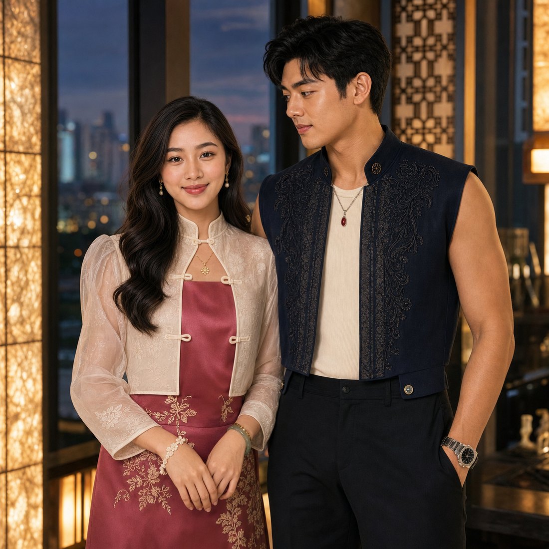 Pearly Grace Lim (林佩恩) and Justin Tan Malaya (陈沐和) smiling together as Love Above the Noise (爱越喧嚣)