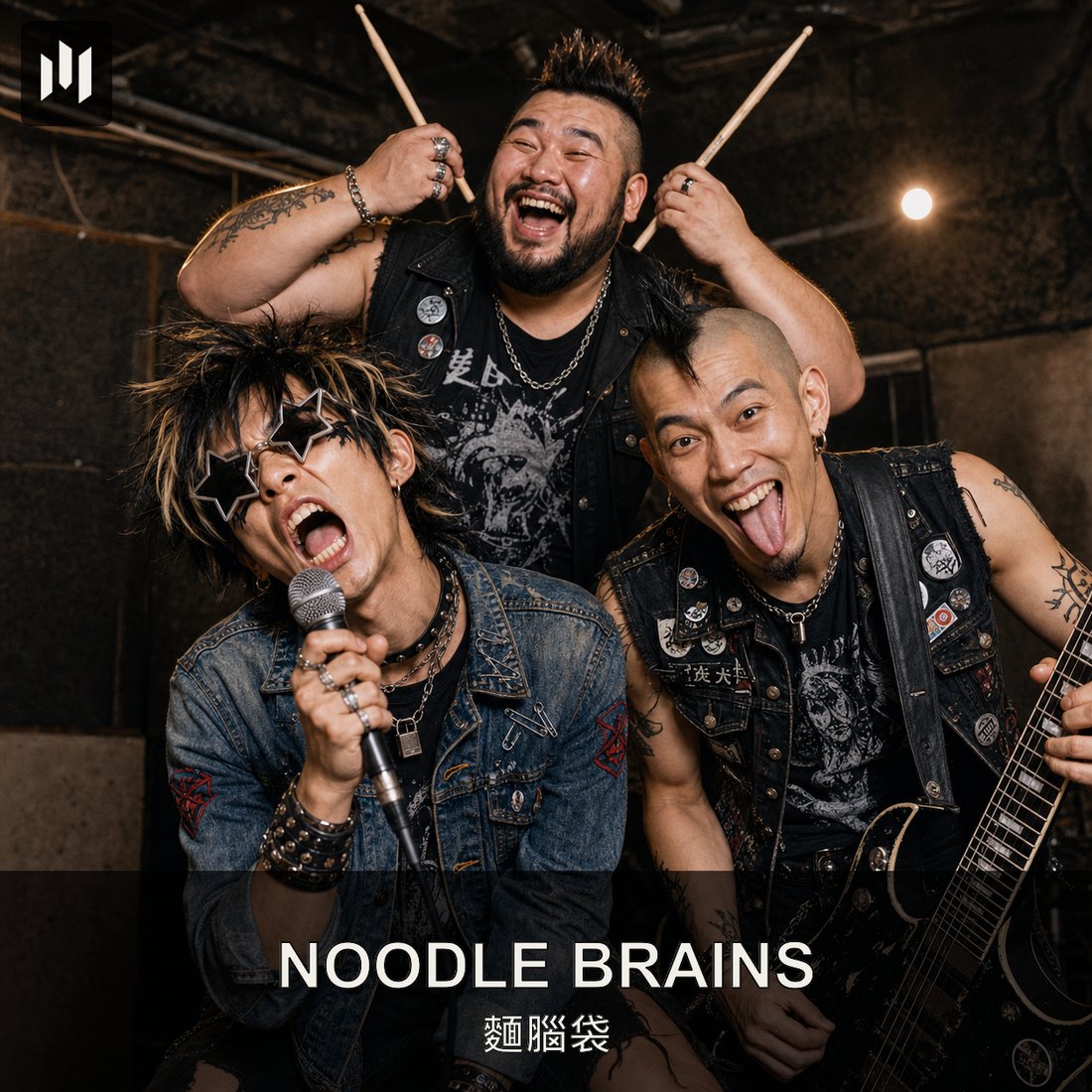 Nightpin (夜釘), Wildfret (野弦) and Big Ox (大牛) laughing together as Noodle Brains (麵腦袋)