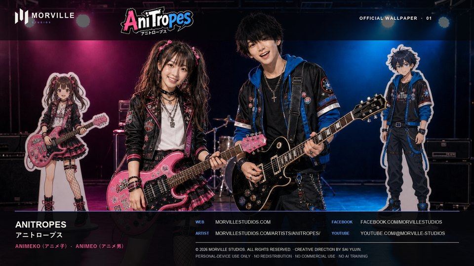 AniTropes (アニトロープス) performing together on a pink-and-blue stage beside physical anime character standees