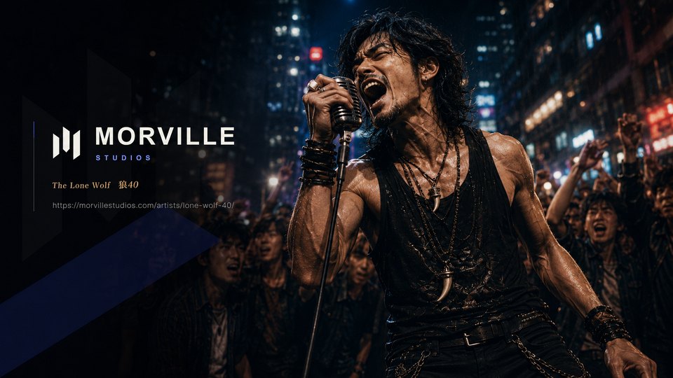 The Lone Wolf 40 (狼40) singing into a vintage microphone before a neon-lit crowd