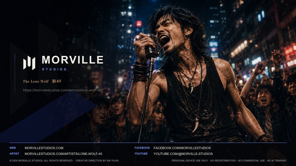 The Lone Wolf (狼40) singing into a vintage microphone before a neon-lit crowd